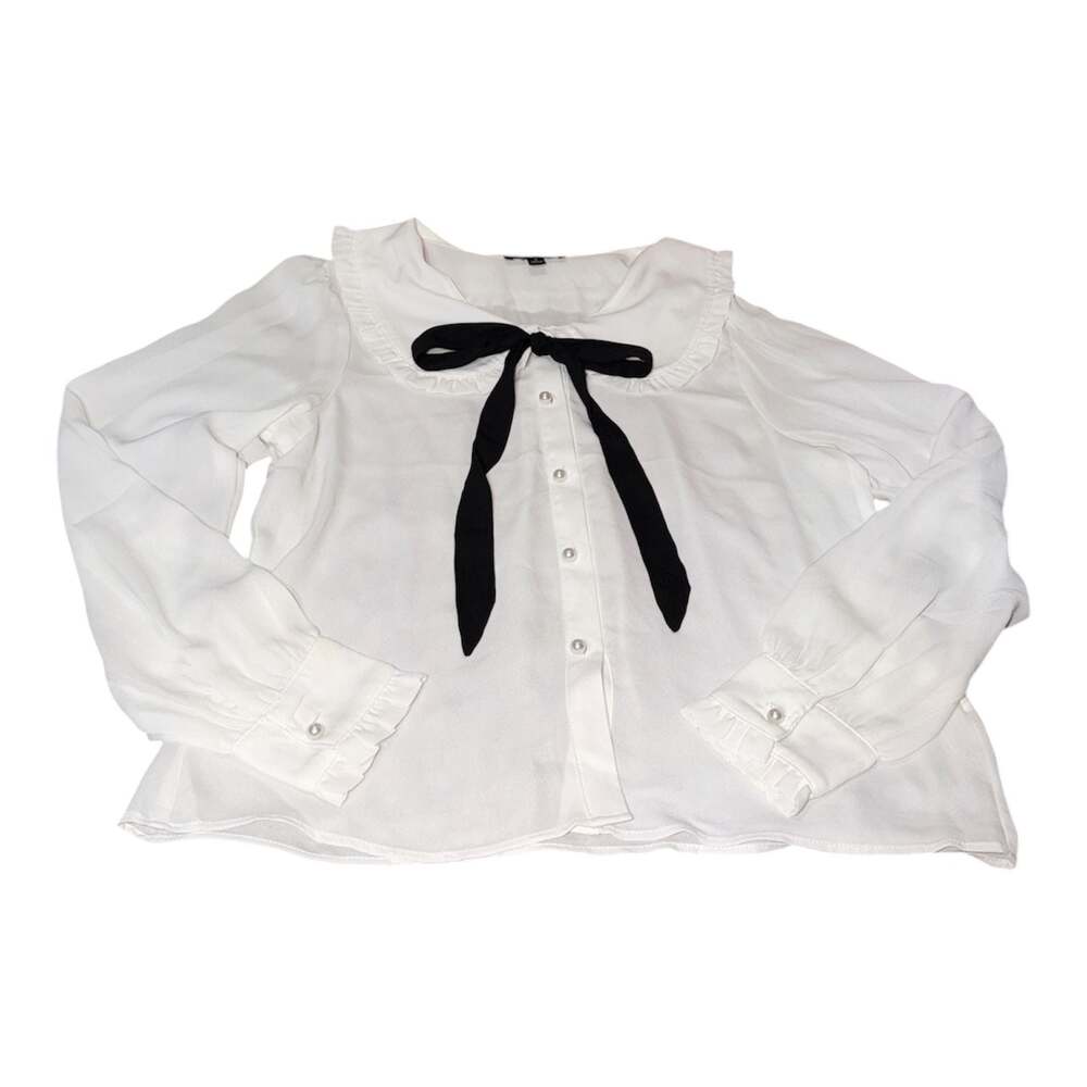 Moa Moa White Peter Pan Collar Blouse with Black Bow and Pearl Buttons